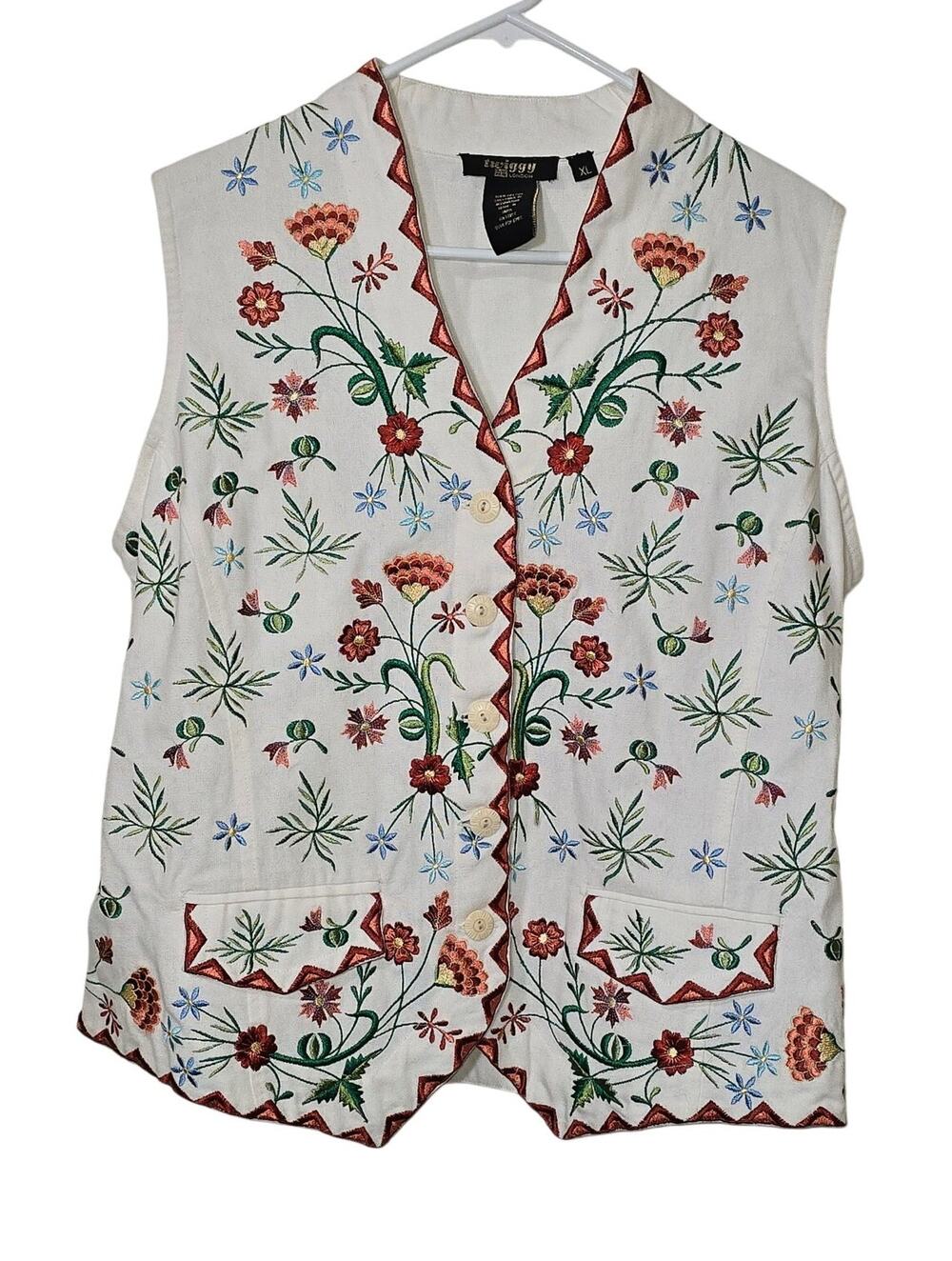 Twiggy London Embroidered Vest Pristine Condition Button Up Tie Back Womens XL